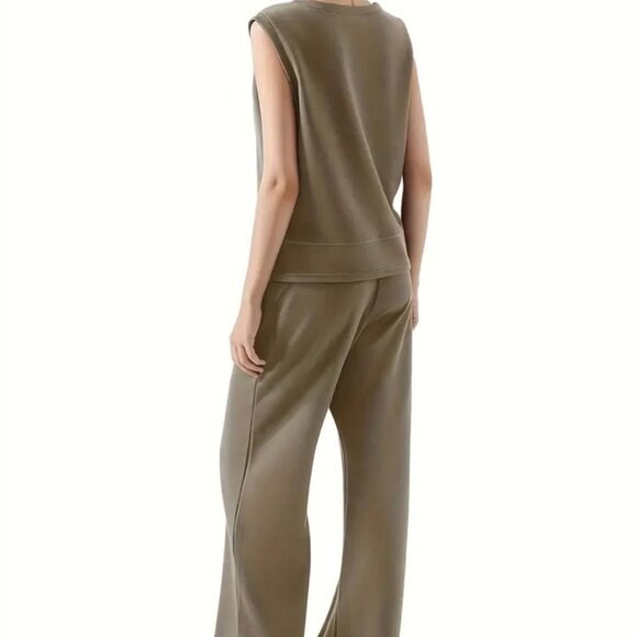 Suuksess Women’s 2-Piece Lounge Set Sleeveless Top & Wide Leg Pants Khaki Size M - Picture 2 of 4